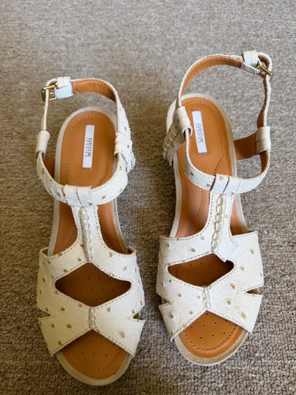 Geox Respira New Roxy T-Strap Sandals in Lt. Grey Ostrich leather, size 38 EU